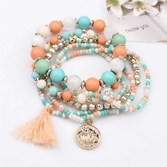 2 for $30 Boho Coin and Beaded Stretch Bracelet - Picture 1 of 2